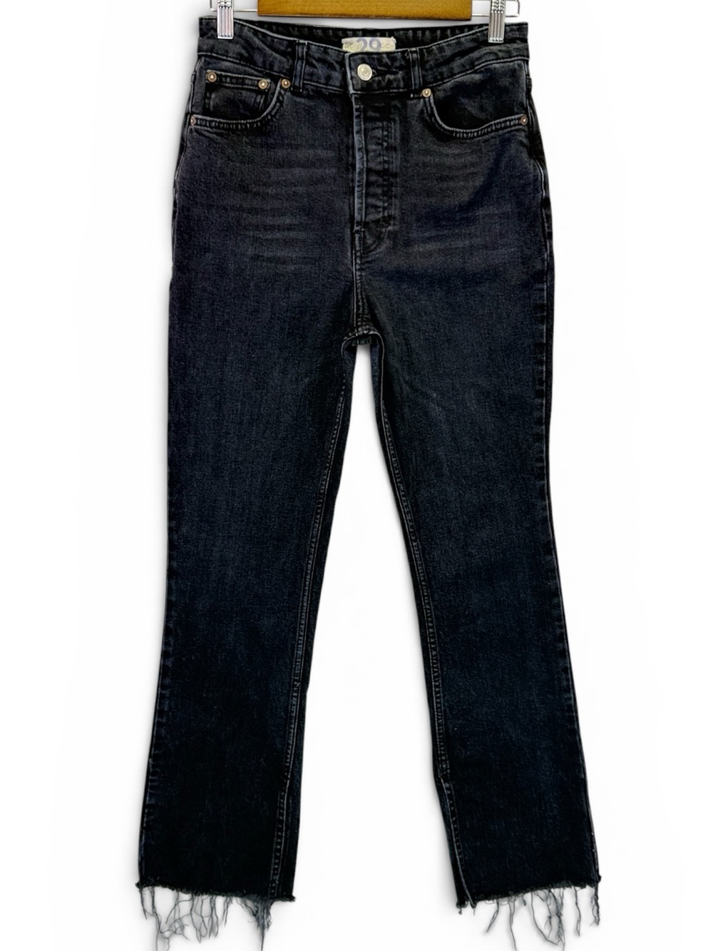 We The Free Womens Black High Rise Straight Jean Button Fly Slit Raw Hem Size 29